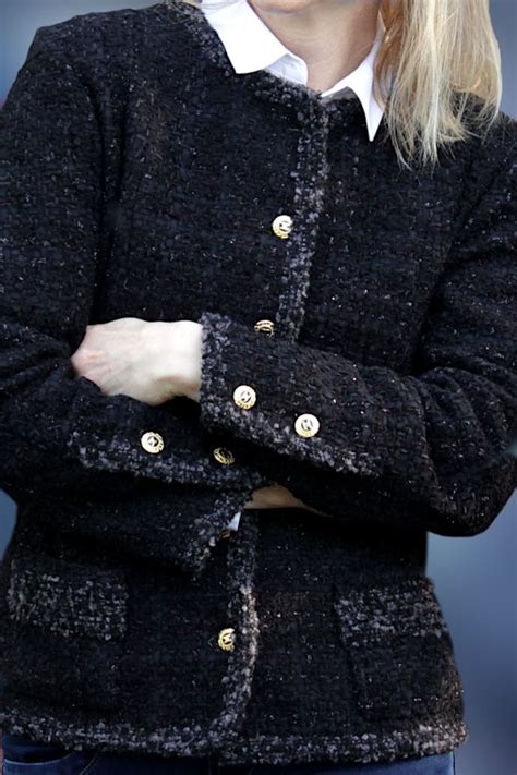 black chanel style boucle jacket|Chanel inspired boucle jacket.